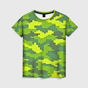 Женская футболка 3D с принтом Зелёный камуфляж , 100% полиэфир ( синтетическое хлопкоподобное полотно) | прямой крой, круглый вырез горловины, длина до линии бедер | пиксели