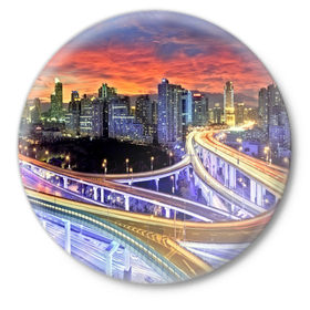 Значок с принтом Ночные дороги ,  металл | круглая форма, металлическая застежка в виде булавки | Тематика изображения на принте: город | пейзаж