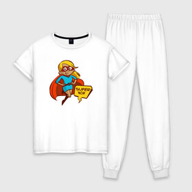 Женская пижама хлопок с принтом Super Mom , 100% хлопок | брюки и футболка прямого кроя, без карманов, на брюках мягкая резинка на поясе и по низу штанин | 8 марта | мама | супермама