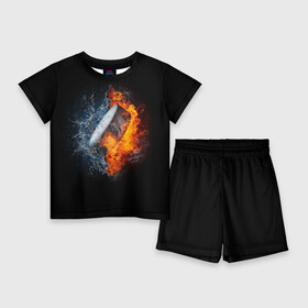 Детский костюм с шортами 3D с принтом Шайба   огонь и вода ,  |  | вода | лед | огонь | пламя | россия | спорт | хоккей | шайба