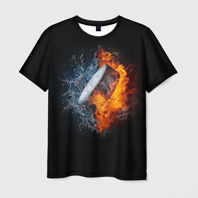 Мужская футболка 3D с принтом Шайба - огонь и вода , 100% полиэфир | прямой крой, круглый вырез горловины, длина до линии бедер | вода | лед | огонь | пламя | россия | спорт | хоккей | шайба