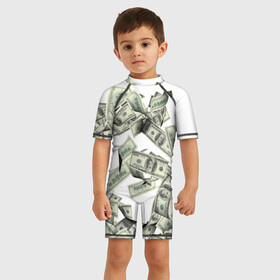 Детский купальный костюм 3D с принтом Денежный ветер , Полиэстер 85%, Спандекс 15% | застежка на молнии на спине | баксы | банкноты | деньги | доллары | купюры