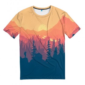 Мужская футболка 3D с принтом Adventure Game , 100% полиэфир | прямой крой, круглый вырез горловины, длина до линии бедер | adventure game | campo santo | exploration | firewatch | берег | горы | девушки | деревья | закат | лес | облака | озеро | оранжевое | пожарный | природа | силуэты | солнце