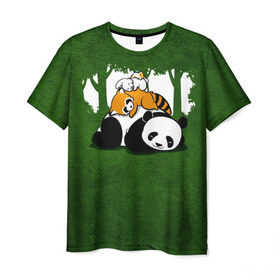 Мужская футболка 3D с принтом Милая панда , 100% полиэфир | прямой крой, круглый вырез горловины, длина до линии бедер | Тематика изображения на принте: большая | джунгли | енот | зайка | милая | панда | пушистая