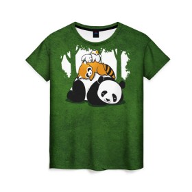 Женская футболка 3D с принтом Милая панда , 100% полиэфир ( синтетическое хлопкоподобное полотно) | прямой крой, круглый вырез горловины, длина до линии бедер | большая | джунгли | енот | зайка | милая | панда | пушистая