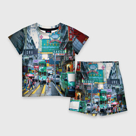 Детский костюм с шортами 3D с принтом Улица, Пекин, Китай ,  |  | advertising | architecture | beijing | capital | cars | china | city | floors | landscape | pe | skyscrapers | street | tram | автомобили | архитектура | город | двухэтажный | китай | люди | пейзаж | пекин | переход | пешеходный | реклама | с