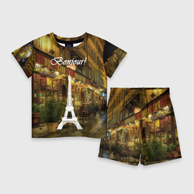 Детский костюм с шортами 3D с принтом Bonjour ,  |  | bonjour | cafes | eiffel tower | lights | night | paris street | shop windows | shops | the city | витрины | город | кафе | магазины | ночь | огни | париж | привет | улица | эйфелева башня