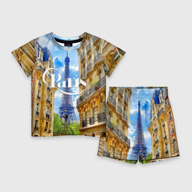 Детский костюм с шортами 3D с принтом Париж, Эйфелева башня ,  |  | architecture | city | eiffel tower | houses | paris | street | the sky | архитектура | город | дома | небо | париж | улица | эйфелева башня