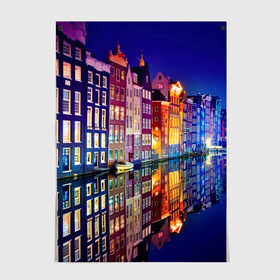 Постер с принтом Амстердама, Нидерланды , 100% бумага
 | бумага, плотность 150 мг. Матовая, но за счет высокого коэффициента гладкости имеет небольшой блеск и дает на свету блики, но в отличии от глянцевой бумаги не покрыта лаком | Тематика изображения на принте: amsterdam | boat | bright | color | lights | night | pier | rainbow | reflection | the city | the netherlands | the strait | water | амстердама | вода | город | лодка | нидерланды | ночь | огни | отражение | причал | пролив | радуга | цвет | яркий