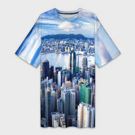 Платье-футболка 3D с принтом Гонконг, Китай ,  |  | architecture | boats | china | city | hong kong | houses | mountains | sea | sky | skyscrapers | water | архитектура | вода | гонконг | город | горы | дома | китай | корабли | море | небо