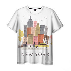 Мужская футболка 3D с принтом Нью-Йорк , 100% полиэфир | прямой крой, круглый вырез горловины, длина до линии бедер | new york | воздушные шары | город | деревья | рисунок | такси