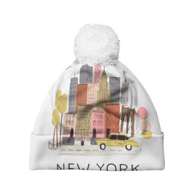 Шапка 3D c помпоном с принтом Нью-Йорк , 100% полиэстер | универсальный размер, печать по всей поверхности изделия | new york | воздушные шары | город | деревья | рисунок | такси