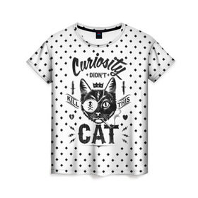 Женская футболка 3D с принтом Curiosity Cat , 100% полиэфир ( синтетическое хлопкоподобное полотно) | прямой крой, круглый вырез горловины, длина до линии бедер | animal | beast | cat | feline | gangsta | kill | king | kitty | meow | nature | гангстер | животное | зверь | король | кот | котенок | котик | кошка | мяу | природа