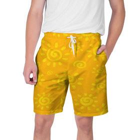 Мужские шорты 3D с принтом Солнышко ,  полиэстер 100% | прямой крой, два кармана без застежек по бокам. Мягкая трикотажная резинка на поясе, внутри которой широкие завязки. Длина чуть выше колен | Тематика изображения на принте: желтый | паттерн | солнце | яркий