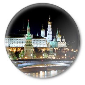 Значок с принтом Москва ,  металл | круглая форма, металлическая застежка в виде булавки | город | ночь | пейзаж