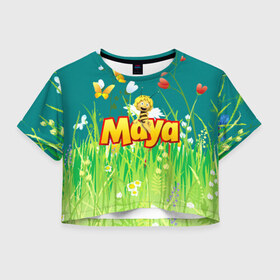 Женская футболка 3D укороченная с принтом Пчелка Майя , 100% полиэстер | круглая горловина, длина футболки до линии талии, рукава с отворотами | пчелка майя