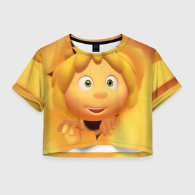 Женская футболка 3D укороченная с принтом Пчелка Майя , 100% полиэстер | круглая горловина, длина футболки до линии талии, рукава с отворотами | пчелка майя