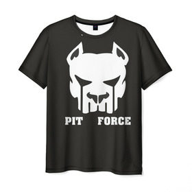 Мужская футболка 3D с принтом Pit Force , 100% полиэфир | прямой крой, круглый вырез горловины, длина до линии бедер | pit force | белый | боец | друг человека | животные | питбуль | порода | собака | цвет | чёрный