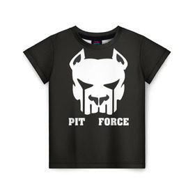 Детская футболка 3D с принтом Pit Force , 100% гипоаллергенный полиэфир | прямой крой, круглый вырез горловины, длина до линии бедер, чуть спущенное плечо, ткань немного тянется | pit force | белый | боец | друг человека | животные | питбуль | порода | собака | цвет | чёрный
