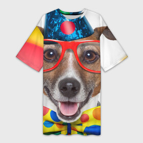 Платье-футболка 3D с принтом Джек рассел   клоун ,  |  | волкодав | дворняжка | джек | джек рассел | домашние животные | любимец | мопс | овчарка | пес | песик | питомец | рассел | сенбернар | собака | собачка