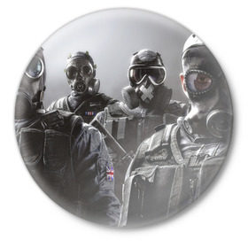 Значок с принтом Tom Clancy Rainbow Six ,  металл | круглая форма, металлическая застежка в виде булавки | clancy | rainbow | six | tom | автоматы | игры | маски | мужчины | осада | солдаты