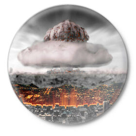 Значок с принтом Атомный взрыв ,  металл | круглая форма, металлическая застежка в виде булавки | Тематика изображения на принте: city | earth | explosion | heaven | mushroom | nuclear | атомный | взрыв | город | гриб | земля | небо