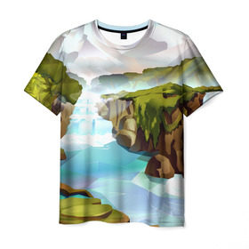 Мужская футболка 3D с принтом Горная река , 100% полиэфир | прямой крой, круглый вырез горловины, длина до линии бедер | Тематика изображения на принте: пейзаж | яркий