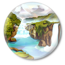 Значок с принтом Горная река ,  металл | круглая форма, металлическая застежка в виде булавки | пейзаж | яркий