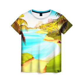Женская футболка 3D с принтом Тропический остров , 100% полиэфир ( синтетическое хлопкоподобное полотно) | прямой крой, круглый вырез горловины, длина до линии бедер | jungle | деревья | джунгли | зелень | кусты | лес | лодки | мох | океан | пальмы | пляж | тропики | экзотика