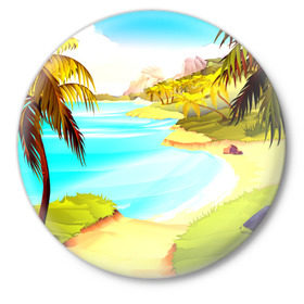 Значок с принтом Тропический остров ,  металл | круглая форма, металлическая застежка в виде булавки | Тематика изображения на принте: jungle | деревья | джунгли | зелень | кусты | лес | лодки | мох | океан | пальмы | пляж | тропики | экзотика