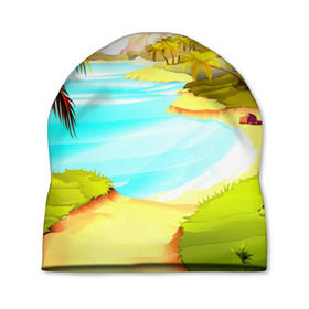 Шапка 3D с принтом Тропический остров , 100% полиэстер | универсальный размер, печать по всей поверхности изделия | jungle | деревья | джунгли | зелень | кусты | лес | лодки | мох | океан | пальмы | пляж | тропики | экзотика