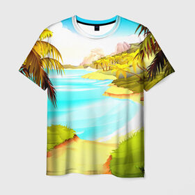 Мужская футболка 3D с принтом Тропический остров , 100% полиэфир | прямой крой, круглый вырез горловины, длина до линии бедер | jungle | деревья | джунгли | зелень | кусты | лес | лодки | мох | океан | пальмы | пляж | тропики | экзотика