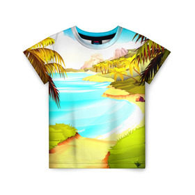 Детская футболка 3D с принтом Тропический остров , 100% гипоаллергенный полиэфир | прямой крой, круглый вырез горловины, длина до линии бедер, чуть спущенное плечо, ткань немного тянется | jungle | деревья | джунгли | зелень | кусты | лес | лодки | мох | океан | пальмы | пляж | тропики | экзотика