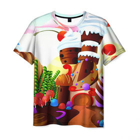 Мужская футболка 3D с принтом Candy Town , 100% полиэфир | прямой крой, круглый вырез горловины, длина до линии бедер | конфеты | пирожные | сладости | яркий