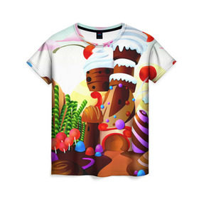 Женская футболка 3D с принтом Candy Town , 100% полиэфир ( синтетическое хлопкоподобное полотно) | прямой крой, круглый вырез горловины, длина до линии бедер | конфеты | пирожные | сладости | яркий