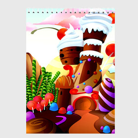 Скетчбук с принтом Candy Town , 100% бумага
 | 48 листов, плотность листов — 100 г/м2, плотность картонной обложки — 250 г/м2. Листы скреплены сверху удобной пружинной спиралью | конфеты | пирожные | сладости | яркий