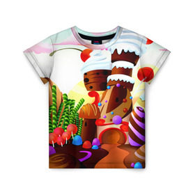 Детская футболка 3D с принтом Candy Town , 100% гипоаллергенный полиэфир | прямой крой, круглый вырез горловины, длина до линии бедер, чуть спущенное плечо, ткань немного тянется | конфеты | пирожные | сладости | яркий