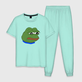 Мужская пижама хлопок с принтом SAD FROG , 100% хлопок | брюки и футболка прямого кроя, без карманов, на брюках мягкая резинка на поясе и по низу штанин
 | Тематика изображения на принте: meme | pepe frog | pepe the frog | sad frog | грустная лягушка | мем