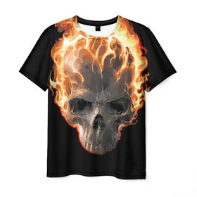 Мужская футболка 3D с принтом Череп в огне , 100% полиэфир | прямой крой, круглый вырез горловины, длина до линии бедер | background | black | death | fire | flame | skeleton | skull | огонь | пламя | скелет | фон | череп | черный