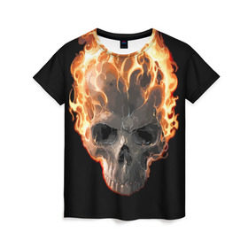 Женская футболка 3D с принтом Череп в огне , 100% полиэфир ( синтетическое хлопкоподобное полотно) | прямой крой, круглый вырез горловины, длина до линии бедер | background | black | death | fire | flame | skeleton | skull | огонь | пламя | скелет | фон | череп | черный