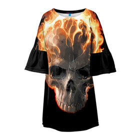 Детское платье 3D с принтом Череп в огне , 100% полиэстер | прямой силуэт, чуть расширенный к низу. Круглая горловина, на рукавах — воланы | Тематика изображения на принте: background | black | death | fire | flame | skeleton | skull | огонь | пламя | скелет | фон | череп | черный