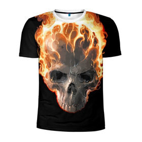 Мужская футболка 3D спортивная с принтом Череп в огне , 100% полиэстер с улучшенными характеристиками | приталенный силуэт, круглая горловина, широкие плечи, сужается к линии бедра | background | black | death | fire | flame | skeleton | skull | огонь | пламя | скелет | фон | череп | черный