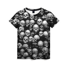 Женская футболка 3D с принтом Черепа , 100% полиэфир ( синтетическое хлопкоподобное полотно) | прямой крой, круглый вырез горловины, длина до линии бедер | background | black | death | skeletons | skull | скелеты | фон | черепа | черный