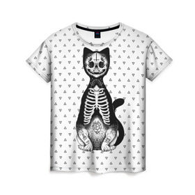 Женская футболка 3D с принтом Готический кот , 100% полиэфир ( синтетическое хлопкоподобное полотно) | прямой крой, круглый вырез горловины, длина до линии бедер | bone | cat | death | feline | gothic | hipster | kitty | meow | skelet | skull | tatoo | готика | кости | кот | котенок | котик | кошка | мяу | скелет | тату | хипстер | череп