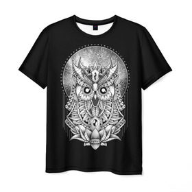 Мужская футболка 3D с принтом Королевская сова , 100% полиэфир | прямой крой, круглый вырез горловины, длина до линии бедер | Тематика изображения на принте: bird | forest | moon | nature | night | owl | queen | tatoo | wood | королева | лес | луна | ночь | природа | птица | сова | тату