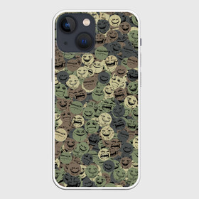 Чехол для iPhone 13 mini с принтом Камуфляж со злыми смайлами ,  |  | Тематика изображения на принте: angry | evil | face | peke | smile | yoba | йоба | камуфляж | мем | милитари | пека | смайл | смайлик | хаки