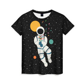Женская футболка 3D с принтом Космический романтик , 100% полиэфир ( синтетическое хлопкоподобное полотно) | прямой крой, круглый вырез горловины, длина до линии бедер | astronaut | cosmonaut | cosmos | galaxy | moon | planet | space | star | астронавт | галактика | звезды | космонавт | космос | луна | планета | скафандр