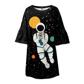 Детское платье 3D с принтом Космический романтик , 100% полиэстер | прямой силуэт, чуть расширенный к низу. Круглая горловина, на рукавах — воланы | astronaut | cosmonaut | cosmos | galaxy | moon | planet | space | star | астронавт | галактика | звезды | космонавт | космос | луна | планета | скафандр