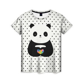 Женская футболка 3D с принтом Любовь панды , 100% полиэфир ( синтетическое хлопкоподобное полотно) | прямой крой, круглый вырез горловины, длина до линии бедер | animal | bear | beast | forest | heart | love | nature | panda | животное | зверь | лес | любовь | медведь | панда | природа | сердце | страсть