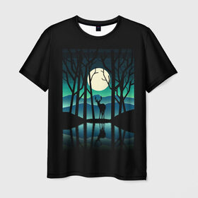 Мужская футболка 3D с принтом Ночная природа , 100% полиэфир | прямой крой, круглый вырез горловины, длина до линии бедер | forest | lake | moon | nature | night | star | wood | звезды | лес | луна | ночь | озеро | природа